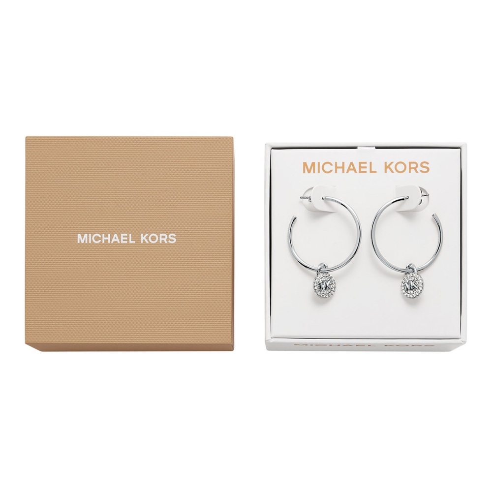 Michael Kors Platinum Plated Brass Cubic Zirconia Pave Charm Hoop Earrings - Picture 3 of 3